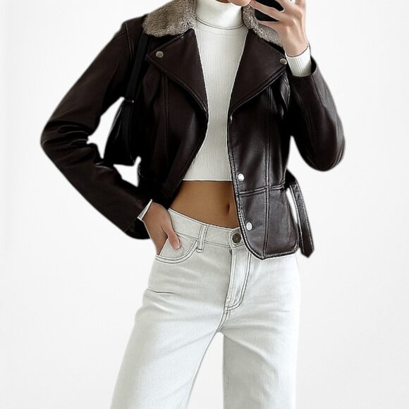 Y2K real fur × leather jacket brown Vintage Y2K Brown Real Fur Genuine Leather Motorcycle Biker Style